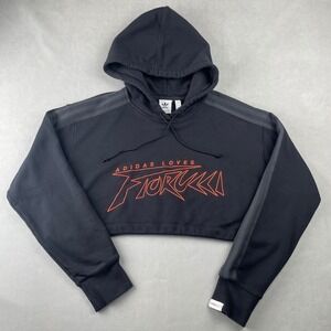 Adidas x Fiorucci Sweatshirt Women S Black Cropped Hoodie Trefoil Logo 3 Stripes